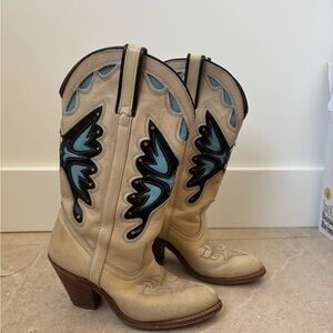 Miss Capezio Cream Leather Western Boots with Blue and Black Inset